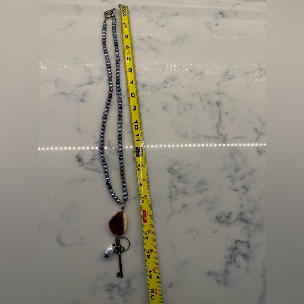 Long Pearl Necklace with Shell Pendant and Key Charm - Blue & Brown